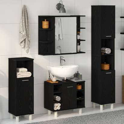 Set de mobilier pentru baie 4 piese, stejar negru din lemn prelucrat GartenMobel Dekor