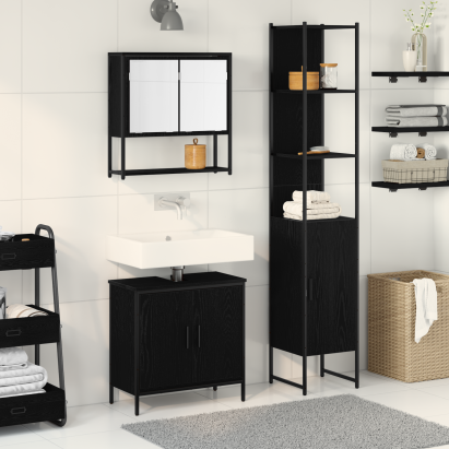 Set de Mobilier pentru Baie 3 Piese Negru Stejar Lemn Prelucrat GartenMobel Dekor