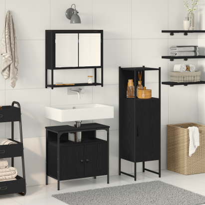 Set de mobilier pentru baie 3 piese stejar negru lemn compus GartenMobel Dekor