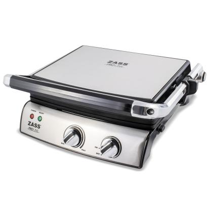 Grill electric Zass Grill & Panini Chef ZPG 02, Putere 2000W, Placi detasbile, Dimensiuni placi 29-23 cm, Deschidere la 180?, Utilizare pentru friptura, peste, legume, sandwich, panini, Carcasa Inox ProDesign DailyAppliances