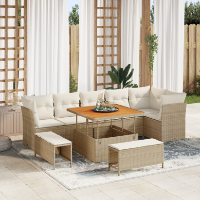 Set de sofa pentru grădină cu 9 piese, cu perne bej, ratan poli, acacia GartenMobel Dekor
