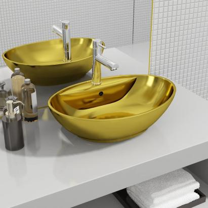 Chiuvetă cu preaplin, auriu, 58,5 x 39 x 21 cm, ceramică GartenMobel Dekor