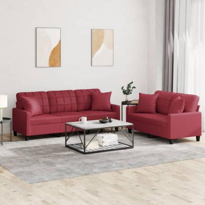 Set de canapele cu perne, 2 piese, roșu vin, piele ecologică GartenMobel Dekor