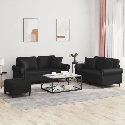Set de canapele cu perne, 3 piese, negru, piele ecologică GartenMobel Dekor