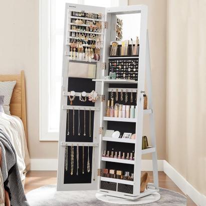 SONGMICS Oglinda de podea cu suport rotativ la 360°, cu spatiu de depozitare, 55x55x162 cm, alb cenusiu Household NewTrend
