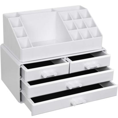 SONGMICS Organizator de cosmetice, cu 4 sertare si 16 compartimente de diferite dimensiuni, 24x14x19cm, alb Household NewTrend