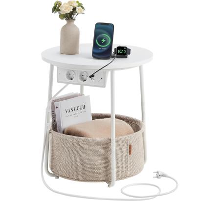 VASAGLE Masuta de cafea rotunda cu cos de stofa, statie de incarcare 2 prize si 2 USB, 45x50cm, alb Household NewTrend