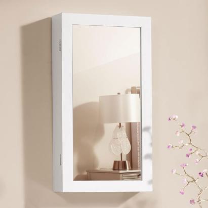 SONGMICS Dulap de bijuterii cu oglinda, montare pe perete, incuietoare, 37x11x67cm, alb Household NewTrend