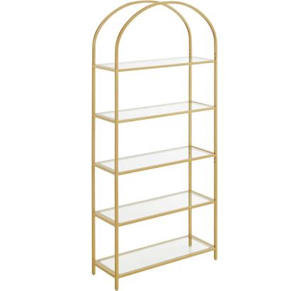 VASAGLE Raft cu trepte pentru dormitor, 5 etaje, din sticla securizata, cadru din otel cu arcada, 83x30x184cm, auriu Household NewTrend