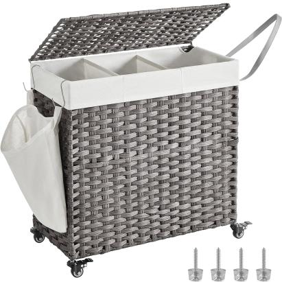 SONGMICS Cos de rufe tesut manual, cu captuseala detasabila lavabila, 3 compartimente, stil ratan, 140 litri, 66x33x60 cm, gri Household NewTrend
