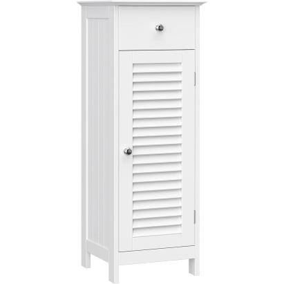 VASAGLE Dulap de depozitare de podea pentru baie, din lemn cu sertar, usa cu lamele, 32x30x87cm, alb Household NewTrend