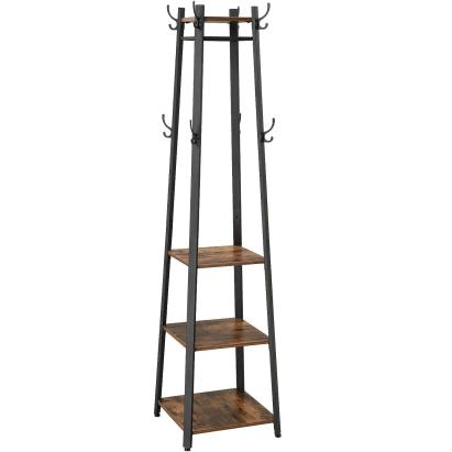 VASAGLE Cuier de haine cu 3 rafturi, suport cu carlige, din otel, 43x43x180 cm, stil industrial, maro rustic si negru Household NewTrend
