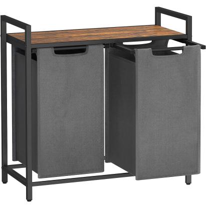 VASAGLE Cos de rufe, 2 compartimente, saci de rufe detasabili, raft, cadru metalic, 2x46L, 73x33x72 cm, maro rustic si gri Household NewTrend