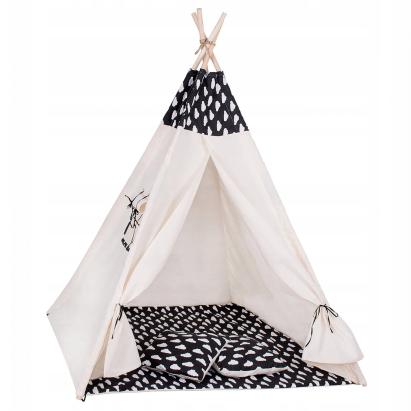Cort copii Sersimo stil indian Teepee Tent cu fereastra, covoras gros si 2 perne, alb negru cu norisori Household NewTrend