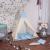 Cort copii Sersimo stil indian Teepee Tent cu fereastra, covoras gros si 2 perne, alb albastru Household NewTrend