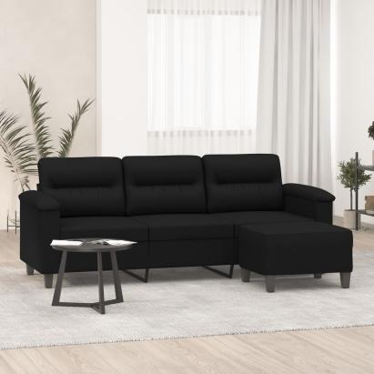 Canapea cu 3 locuri și taburet, negru, 180 cm, microfibră GartenMobel Dekor