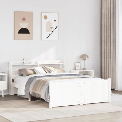 Cadru de pat cu tăblie, alb, 135x190 cm, lemn masiv de pin GartenMobel Dekor