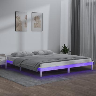 Cadru de pat cu LED King Size, alb, 150x200 cm, lemn masiv GartenMobel Dekor