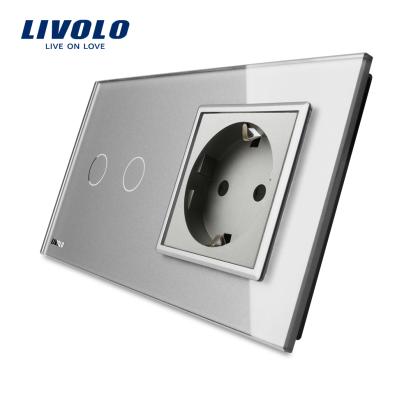 Intrerupator dublu cap scara / cap cruce + priza simpla Livolo rama din sticla SmartElectro IntelligentHouse