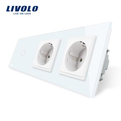 Intrerupator LIVOLO simplu cap scara / cap cruce cu touch si 2 prize din sticla SmartElectro IntelligentHouse