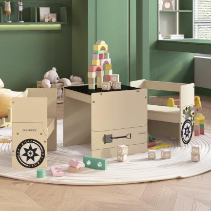 Set masă&scaune pentru copii 3 piese model mașină off-road MDF GartenMobel Dekor