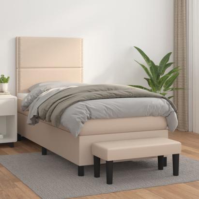 Pat box spring cu saltea, cappuccino, 90x190 cm piele ecologică GartenMobel Dekor