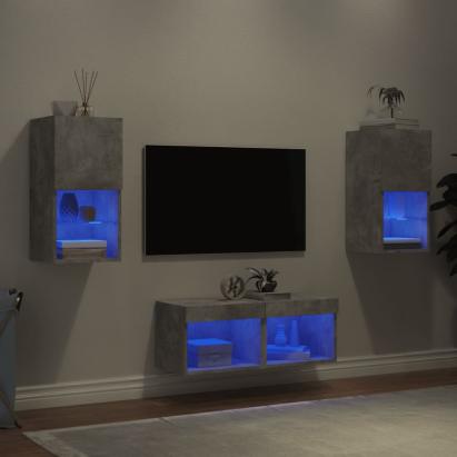 Comode TV de perete cu lumini LED, 4 piese, gri beton GartenMobel Dekor