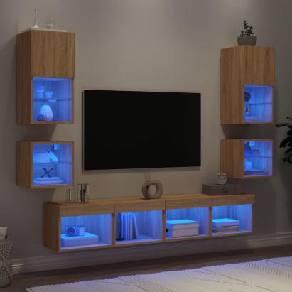 Unități de perete TV cu LED-uri, 8 piese, stejar sonoma, lemn GartenMobel Dekor
