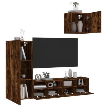 Unități TV de perete cu LED-uri, 4 piese, stejar fumuriu, lemn GartenMobel Dekor