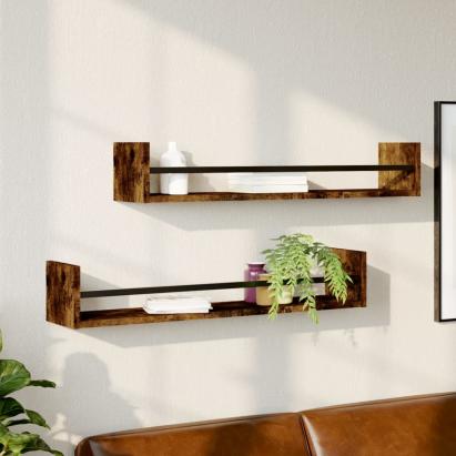 Rafturi de perete cu bare, 2 buc, stejar afumat, 80x16x14 cm GartenMobel Dekor