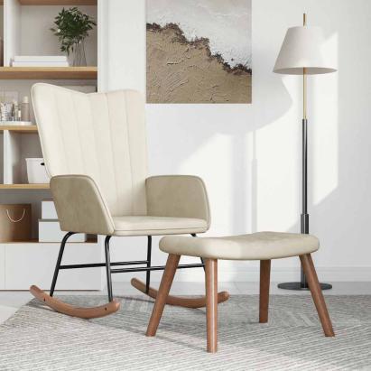 Scaun balansoar cu taburet, alb crem, catifea GartenMobel Dekor