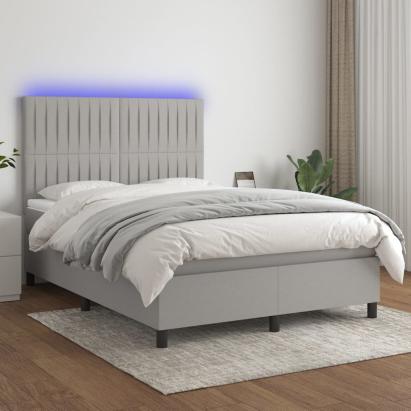 Pat cu arcuri, saltea și LED, gri deschis, 140x200 cm, textil GartenMobel Dekor