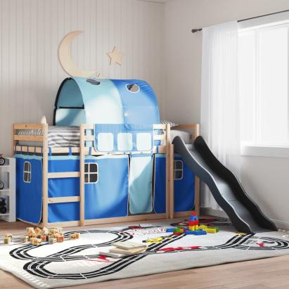 Pat supraetajat cu tobogan și perdele, albastru, 90x200 cm GartenMobel Dekor