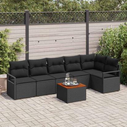 Set canapele grădină 7 pcs Negru Mare Rattan, Lemn GartenMobel Dekor