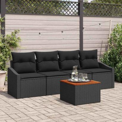 Set Canapea Grădină 5 pcs Negru 55 x 55 x 37 cm Rattan, Lemn GartenMobel Dekor