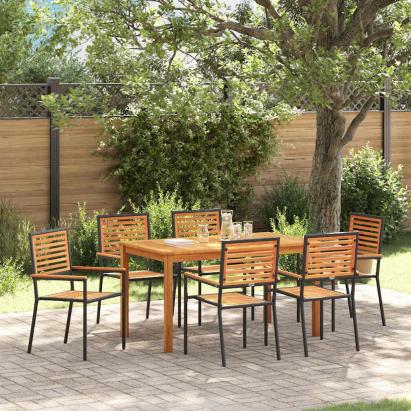 Set mese grădină 7 pcs Negru 140 x 80 x 74 cm Metal, Lemn GartenMobel Dekor