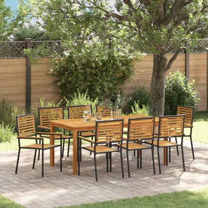 Set mese grădină 9 pcs Negru 180 x 90 x 75 cm Lemn & Metal GartenMobel Dekor