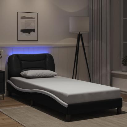 Cadru de pat cu lumini LED negru/alb 90x190 cm piele ecologică GartenMobel Dekor