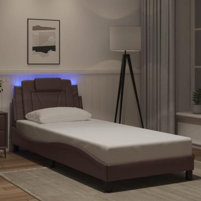 Cadru de pat cu lumini LED, maro, 90x190 cm, piele ecologică GartenMobel Dekor