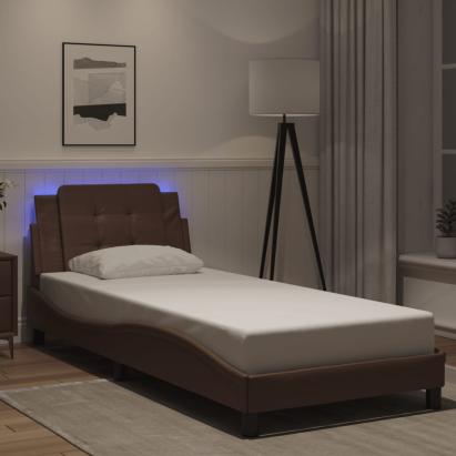 Cadru de pat cu lumini LED, maro, 90x190 cm, piele ecologică GartenMobel Dekor