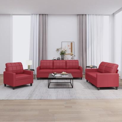 Set de canapele cu perne, 3 piese, roșu vin, piele ecologică GartenMobel Dekor