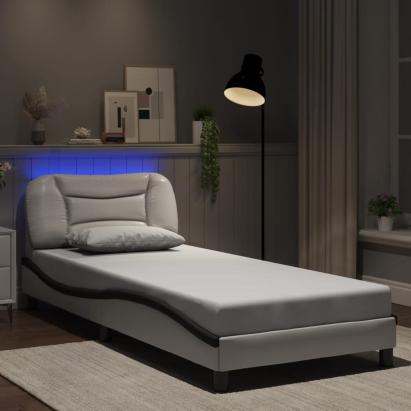 Cadru de pat cu lumini LED alb/negru 80x200 cm piele ecologică GartenMobel Dekor