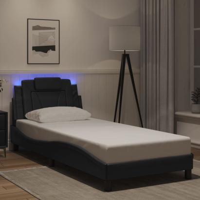 Cadru de pat cu lumini LED, negru, 90x200 cm, piele ecologică GartenMobel Dekor