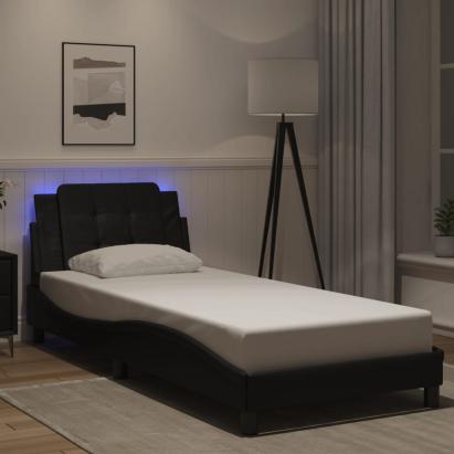 Cadru de pat cu lumini LED, negru, 90x200 cm, piele ecologică GartenMobel Dekor
