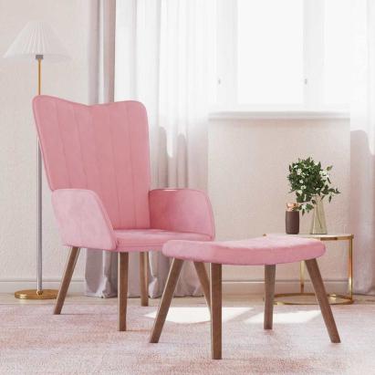 Scaun de relaxare cu taburet, roz, catifea GartenMobel Dekor