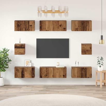 Set dulap TV cu raft Pe perete Altele 8 pcs Lemn vechi Mediu 30.5 x 30 x 30 cm GartenMobel Dekor