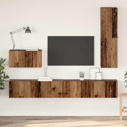 Set dulap TV cu raft Pe perete Altele cu depozitare cu ușă 4 pcs Lemn vechi Mediu Lemn compozit GartenMobel Dekor