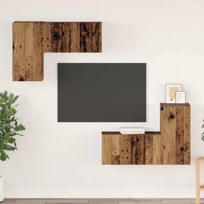 Set comodă TV cu raft Pe perete cu depozitare cu ușă 4 pcs Lemn vechi 60 x 30 x 30 cm GartenMobel Dekor
