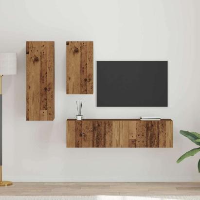 Set comodă TV cu raft Pe perete cu depozitare cu ușă 4 pcs Lemn vechi 30.5 x 30 x 90 cm GartenMobel Dekor