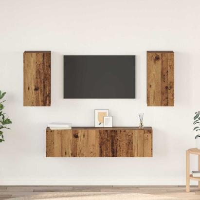 Set comodă TV cu raft Pe perete cu depozitare cu ușă 4 pcs Lemn vechi 60 x 30 x 30 cm GartenMobel Dekor